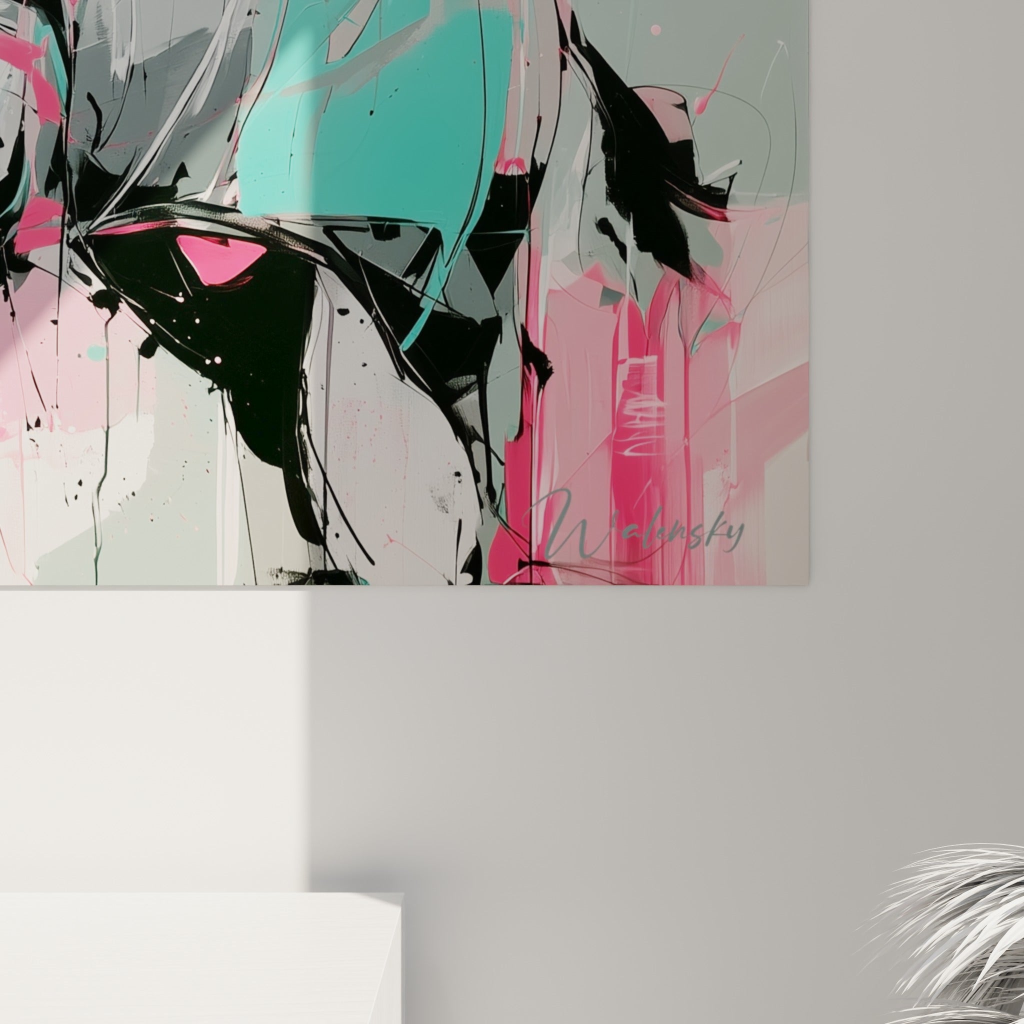 Coulures noires et éclats roses sur toile, grain texturé du vert menthe et empâtements visibles du taureau