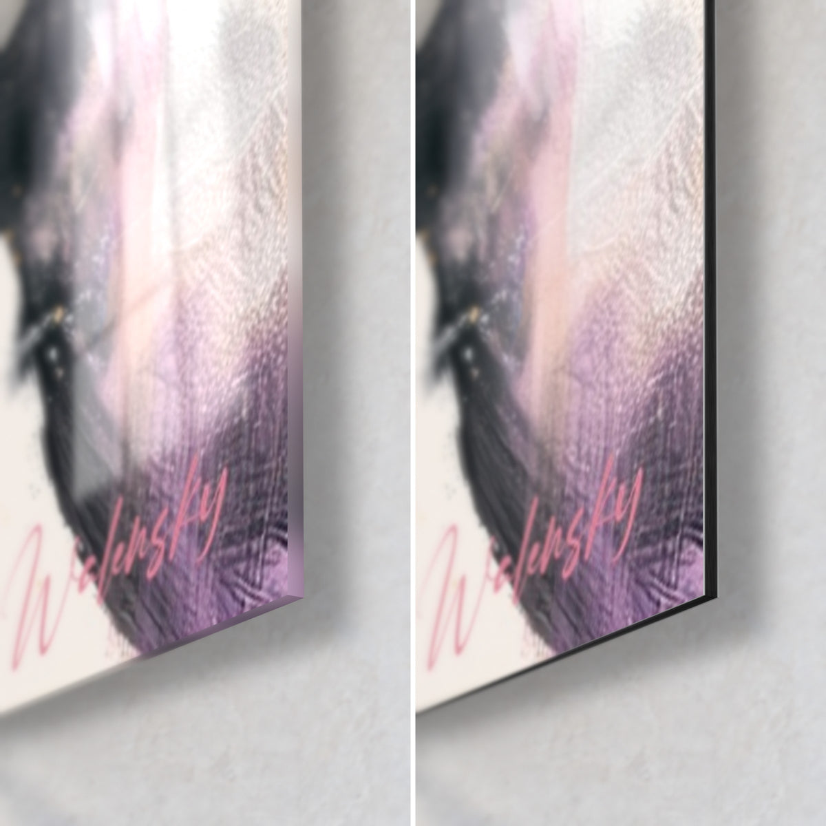 Wall art Black beast with white and mauve brushstrokes, glossy glass corner and matte Dibond aluminium, 3 mm thick