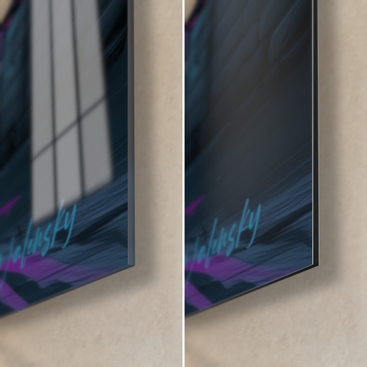 Wall art anthracite bull, hoof on a violet and orange puddle, bottom right corner: glossy glass on the left, matte Dibond on the right