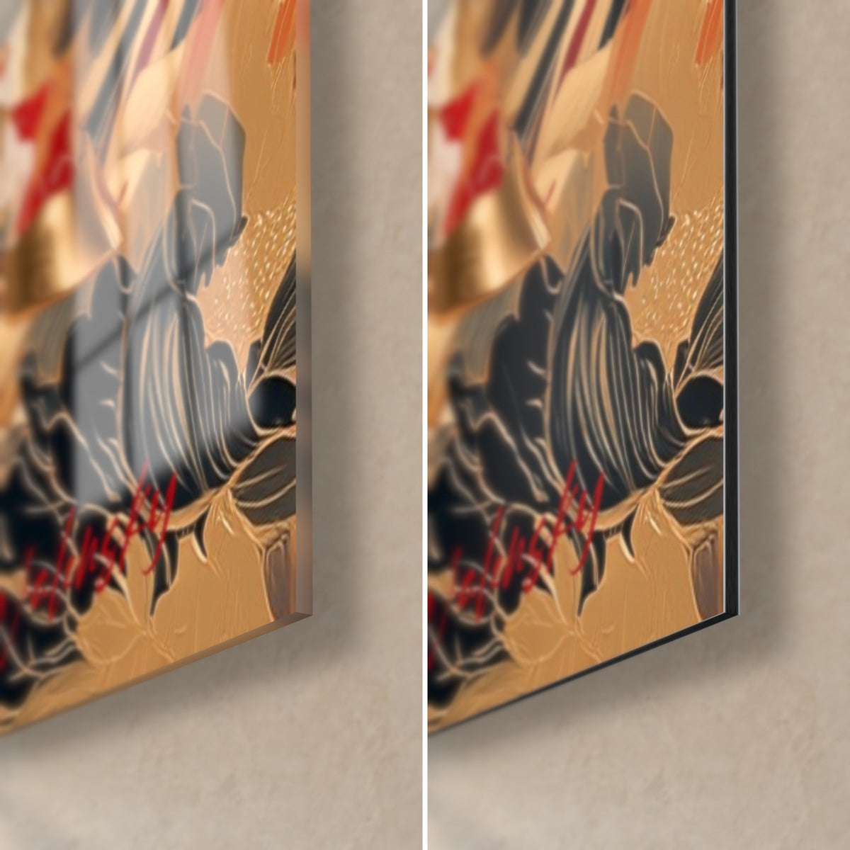 Wall art golden and red bull, bottom right corner: glossy acrylic glass on the left, matte Dibond aluminum on the right, 3 mm edge thickness