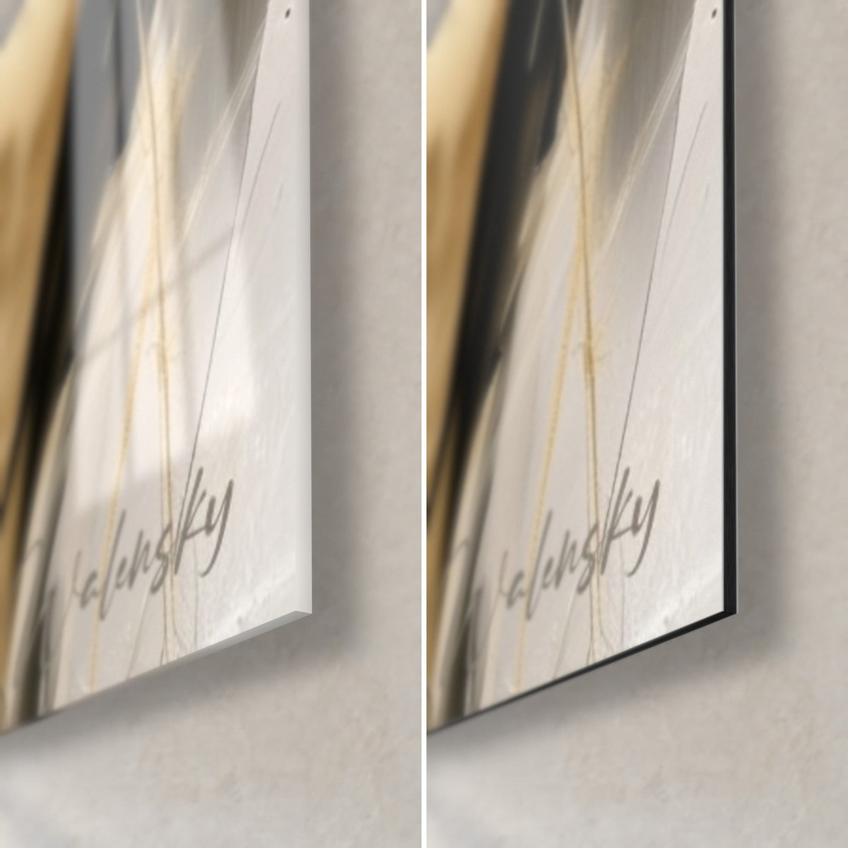 Quadro Longhorn nero e oro, angolo in basso a destra: vetro acrilico lucido a sinistra, alluminio Dibond opaco a destra, bordo da 3 mm