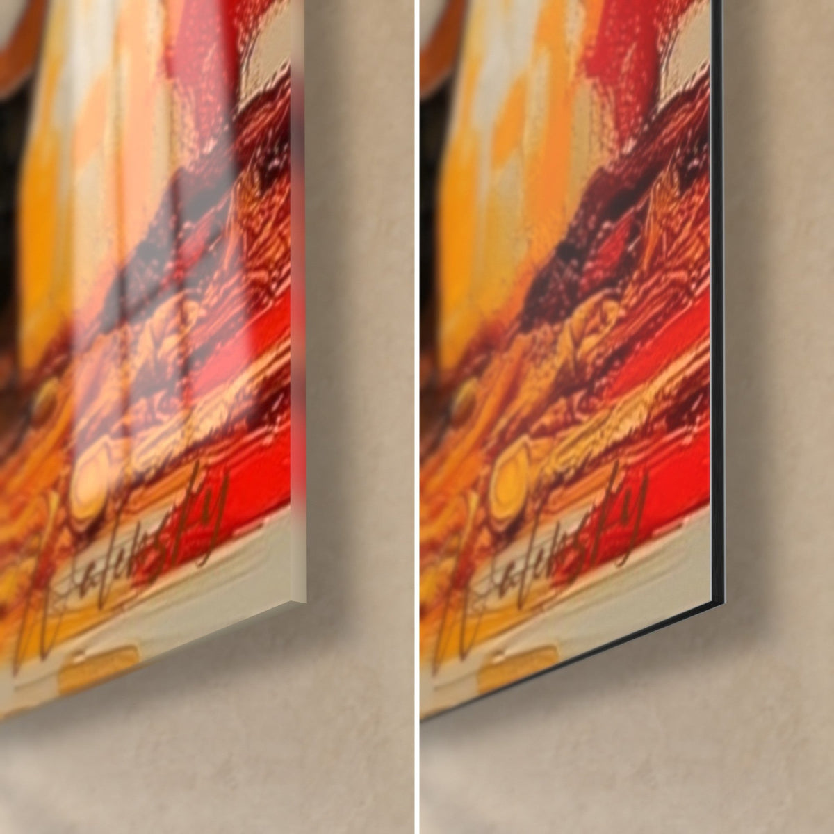 Quadro di un bovino frammentato in arancio e rosso, angolo in basso a destra: vetro acrilico lucido a sinistra, alluminio Dibond opaco a destra, spessore 3 mm