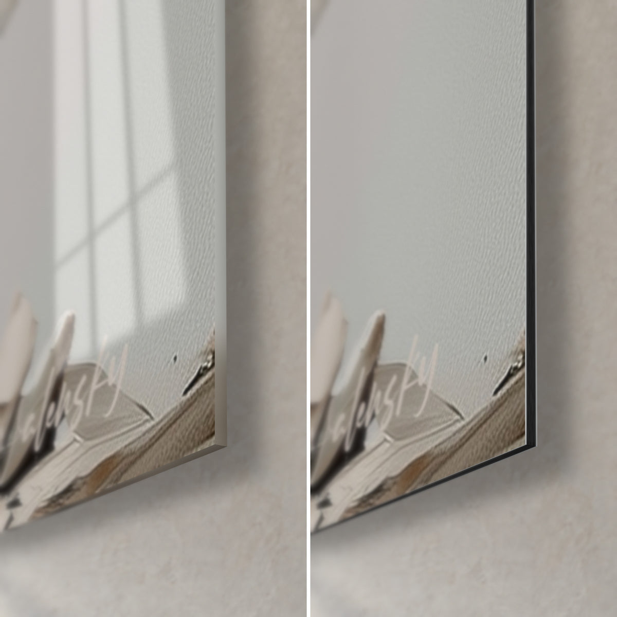 Wall art of a black and white bull with sharp horns, bottom right corner: glossy acrylic glass on the left, matt black Dibond aluminium on the right, 3 mm edge