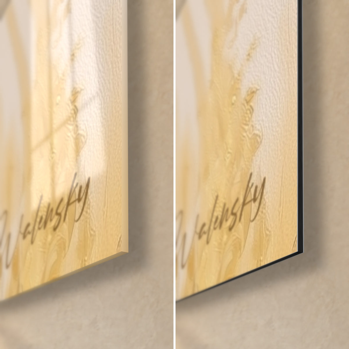 Gemälde eines goldenen Stiers, untere rechte Ecke: glänzendes Acrylglas links, matt beiges Alu-Dibond rechts, 3 mm schwarze Kante