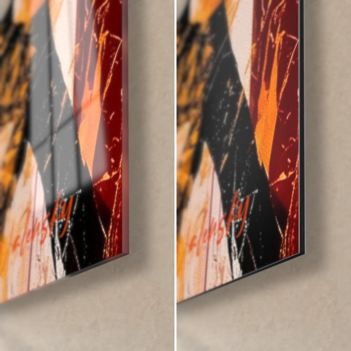 Wall art of a black beast lunging forward, bottom right corner: ochre and red splashes, glossy acrylic glass and matte Dibond aluminium
