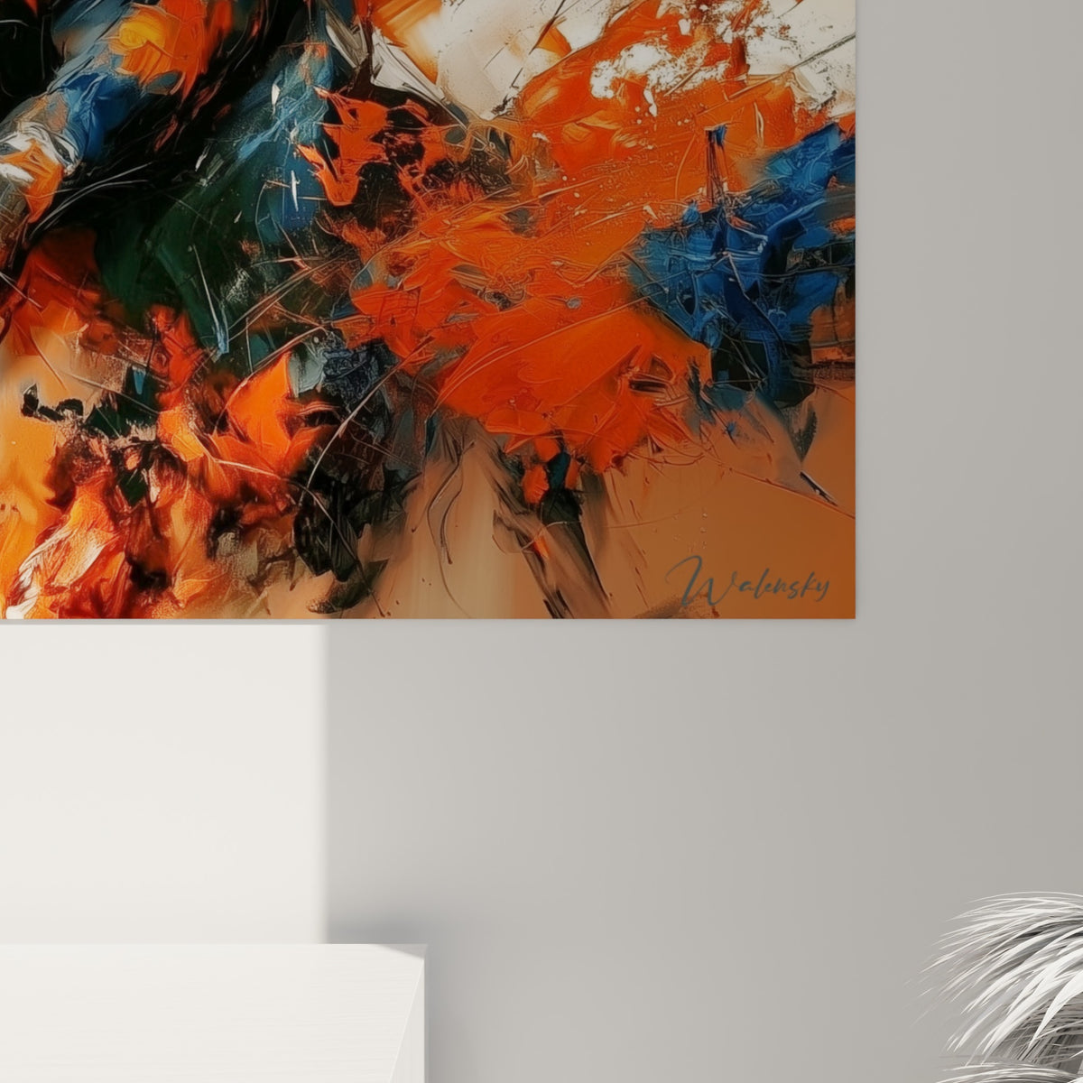 Empâtements orange fauve et coulures bleu marine sur la matière texturée du taureau peint