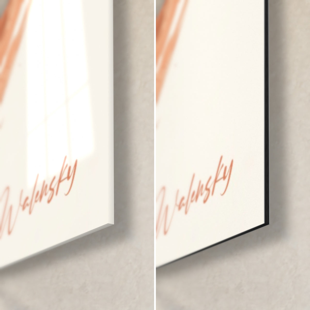 Wall art grey and coral bull, bottom right corner with coral Walensky signature, glossy glass on the left, matte black Dibond on the right