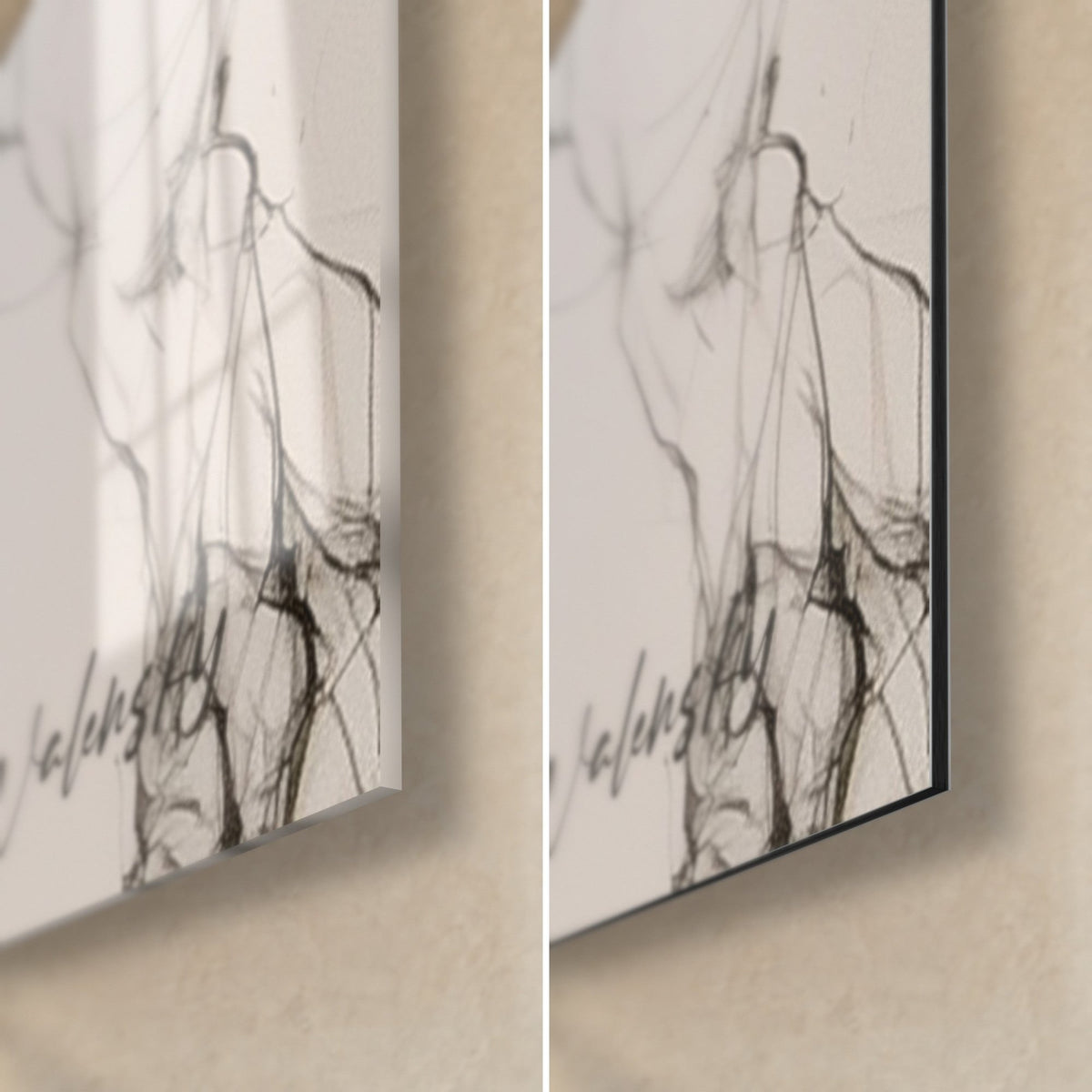 Quadro creatura cornuta disegnata a inchiostro, in basso a destra la firma Walensky, vetro acrilico lucido e Dibond opaco grigio, bordo da 3 mm
