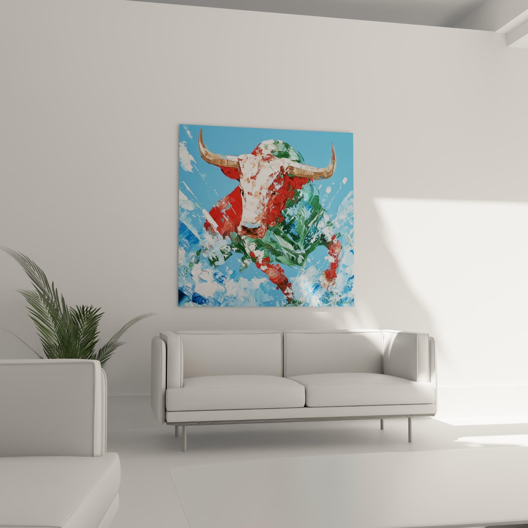 Taureau fauve aux cornes claires, matière épaisse au couteau, au-dessus d'un canapé dans un salon lumineux