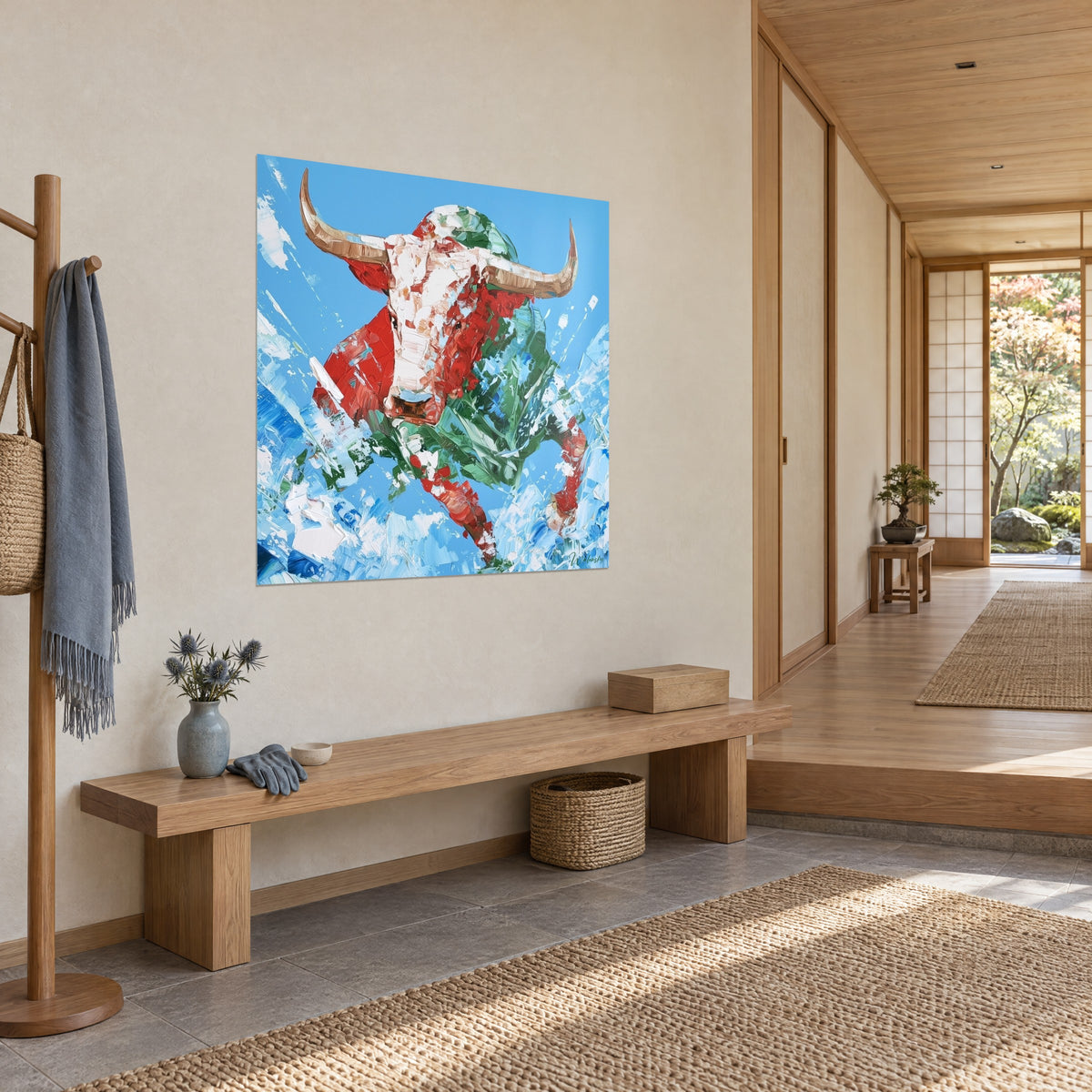 Quadro bovino impennato dal manto vermiglio e verde abete, impasto a spatola, parete beige di un corridoio in legno chiaro