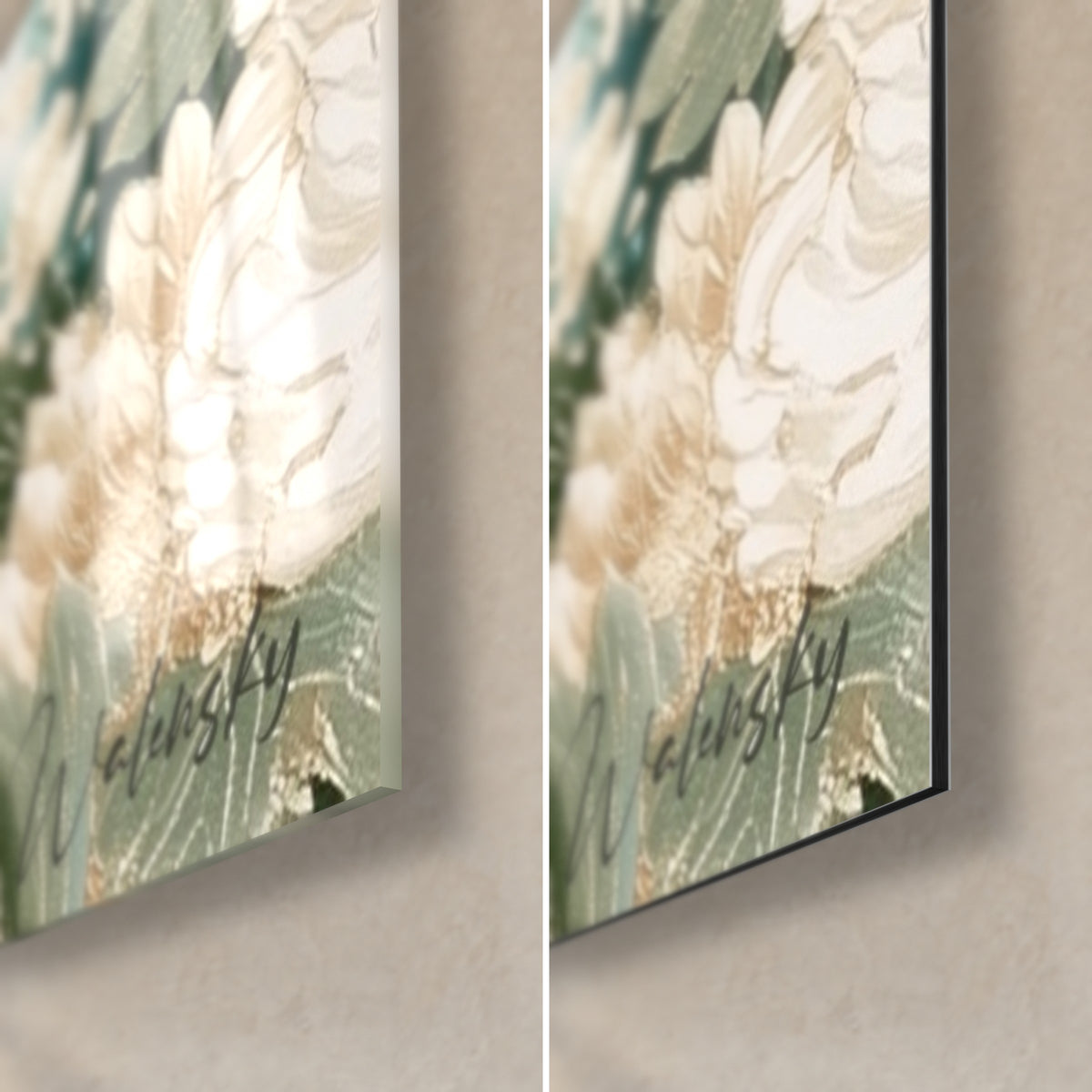 Wall art emerald bull, lower right corner: ivory peonies and sage green leaves, glossy acrylic glass and matte black Dibond