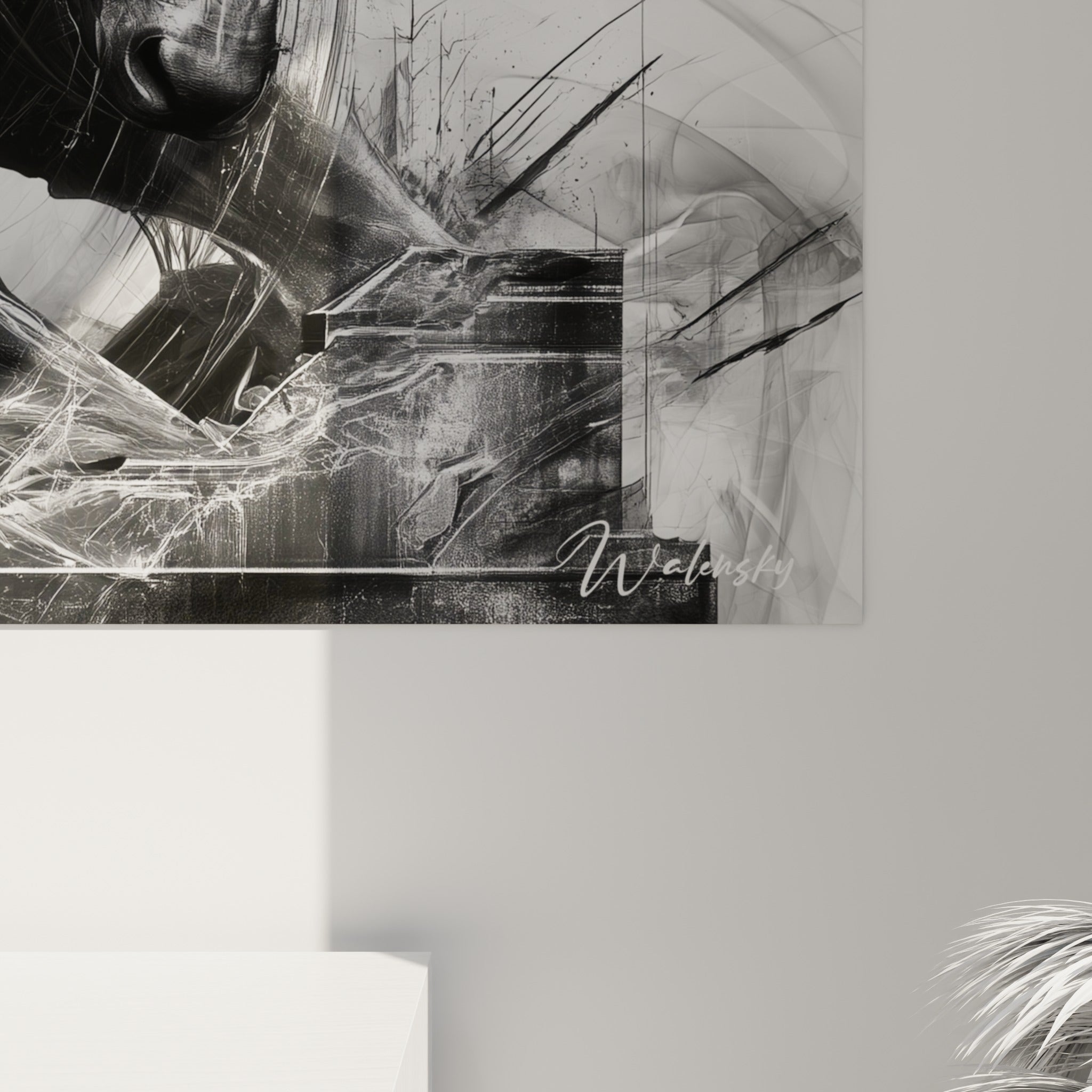 Détail des filaments noirs et blancs entrelacés, textures fines et empâtements sur la toile du taureau