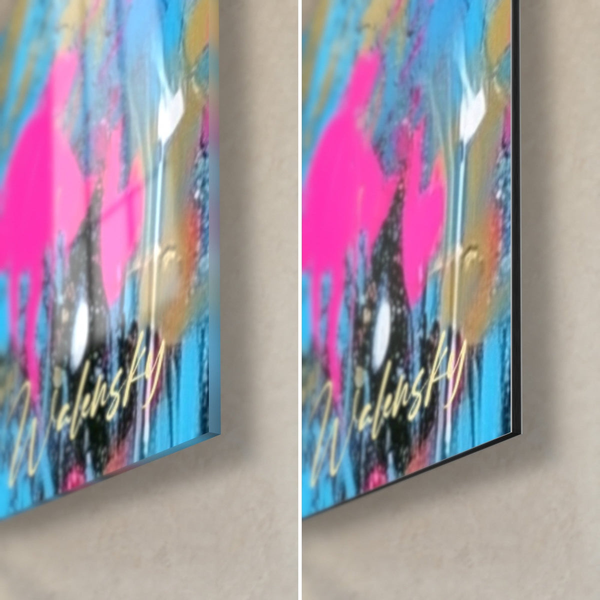 Quadro di animale cornuto in rosa e blu, angolo in basso a destra: vetro acrilico lucido a sinistra, Dibond nero opaco a destra, spessore 3 mm