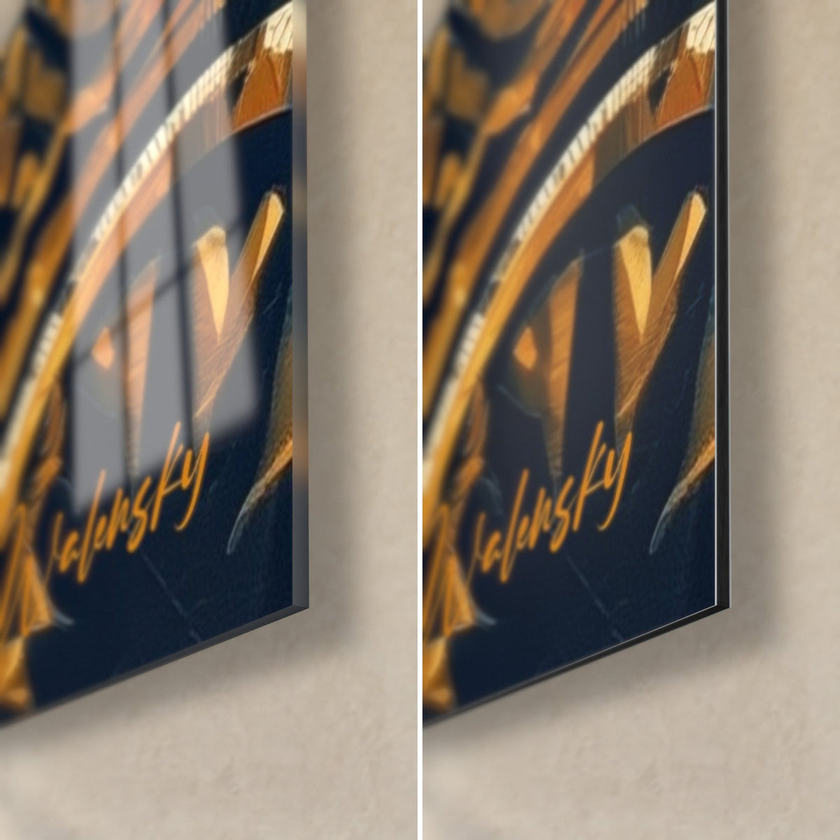 Quadro di un toro blu navy e oro, angolo inferiore destro in vetro lucido con riflessi e alluminio Dibond opaco, spessore di 3 mm visibile