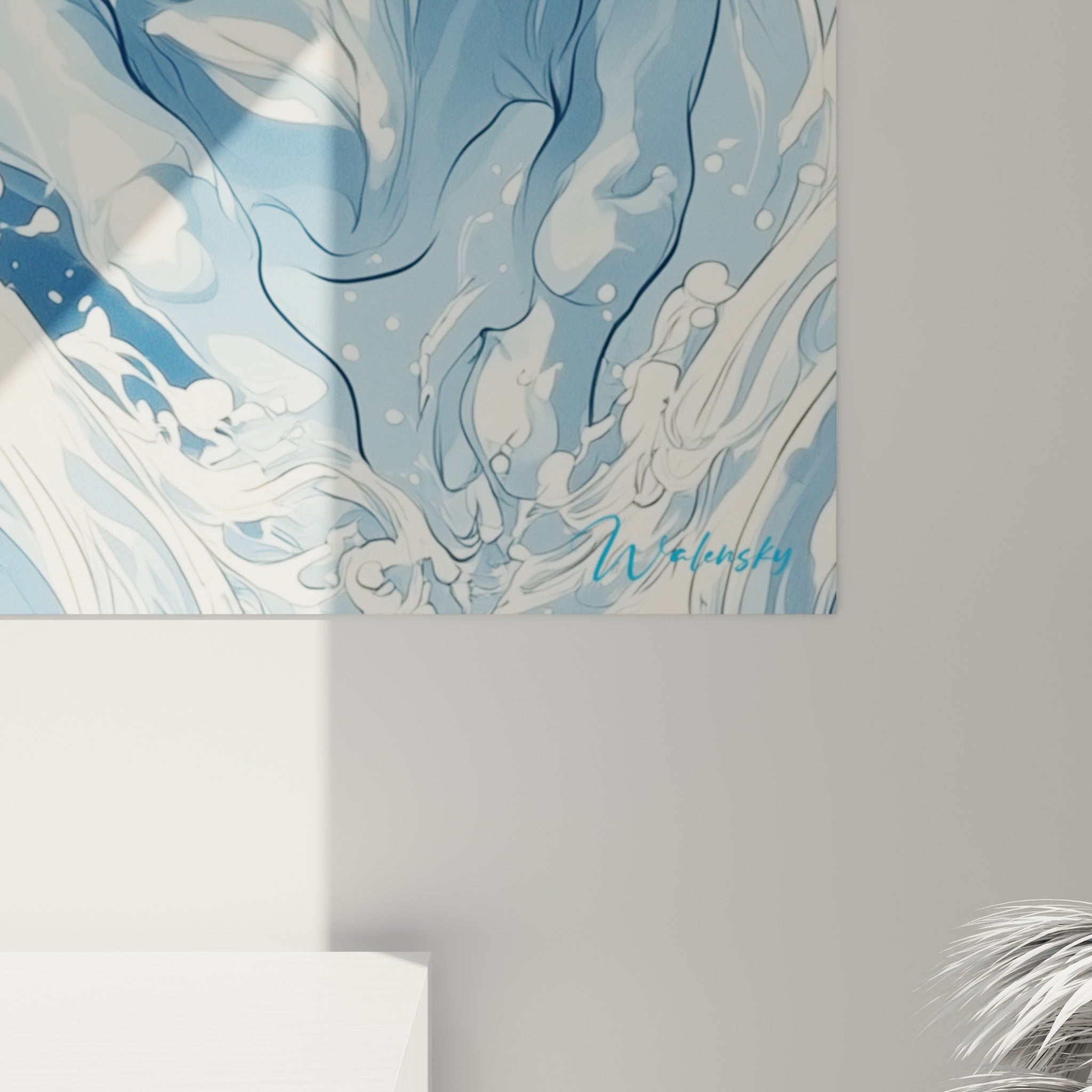 Empâtements bleu pastel et blanc se mêlant sur le museau rosé du taureau à texture graphique