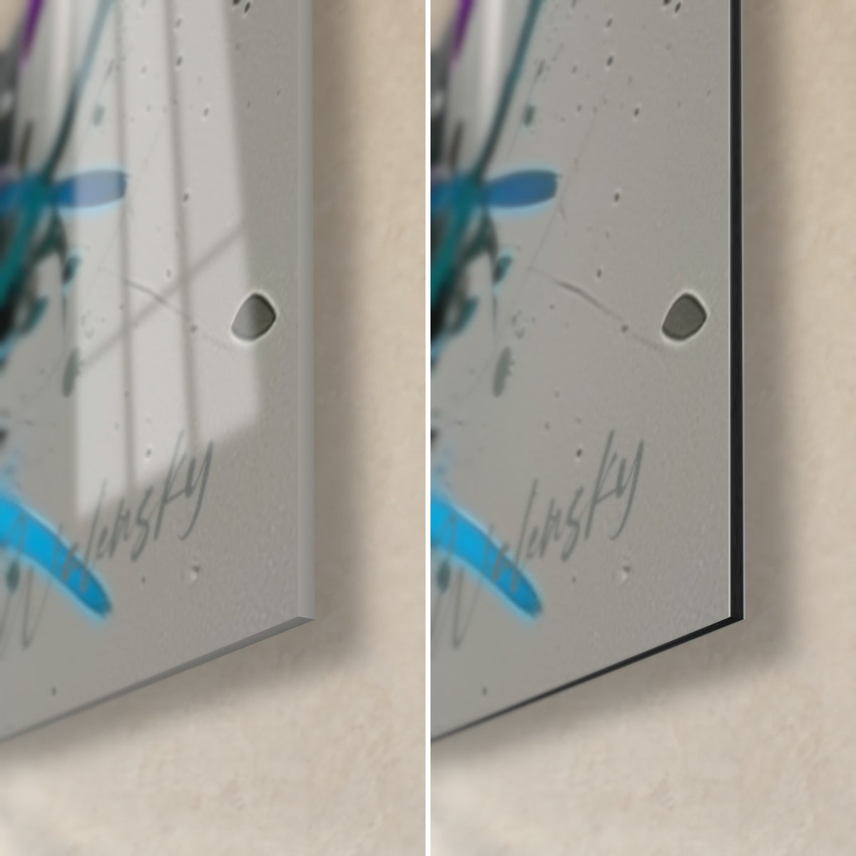 Wall art of a painted horned animal, bottom right corner: 3 mm black edge, glossy glass reflecting the window, matte grey Dibond, blue signature