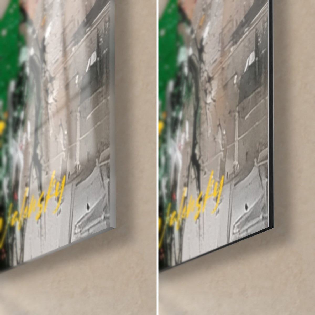 Gemälde einer gehörnten Bestie in Spachteltechnik, untere rechte Ecke: glänzendes Glas links, mattgraues Dibond-Aluminium rechts, feine Kante, gelbe Signatur