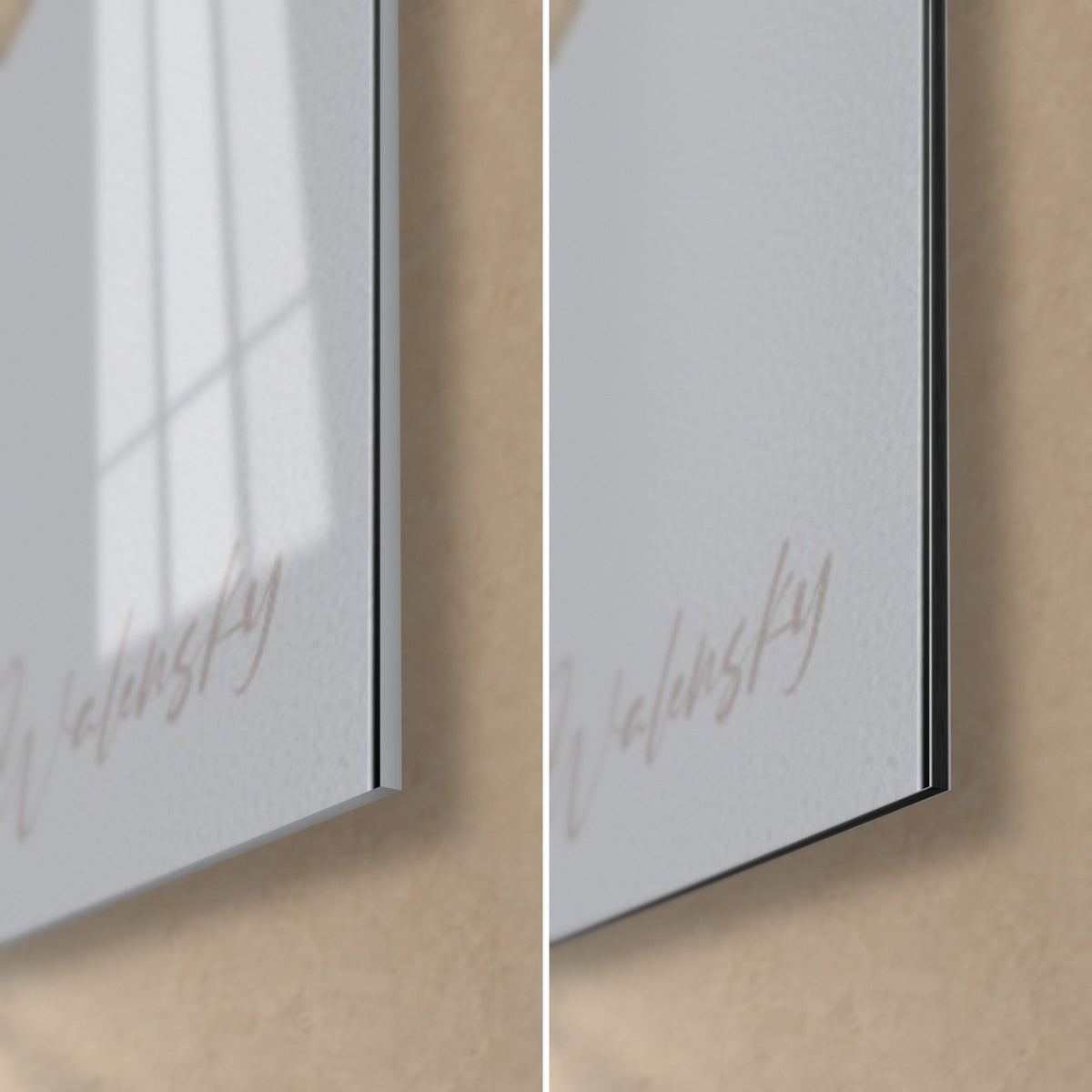 Walensky wall art, signed in the bottom right corner: glossy acrylic glass with reflections on the left, matte grey Dibond aluminium on the right, slim edge