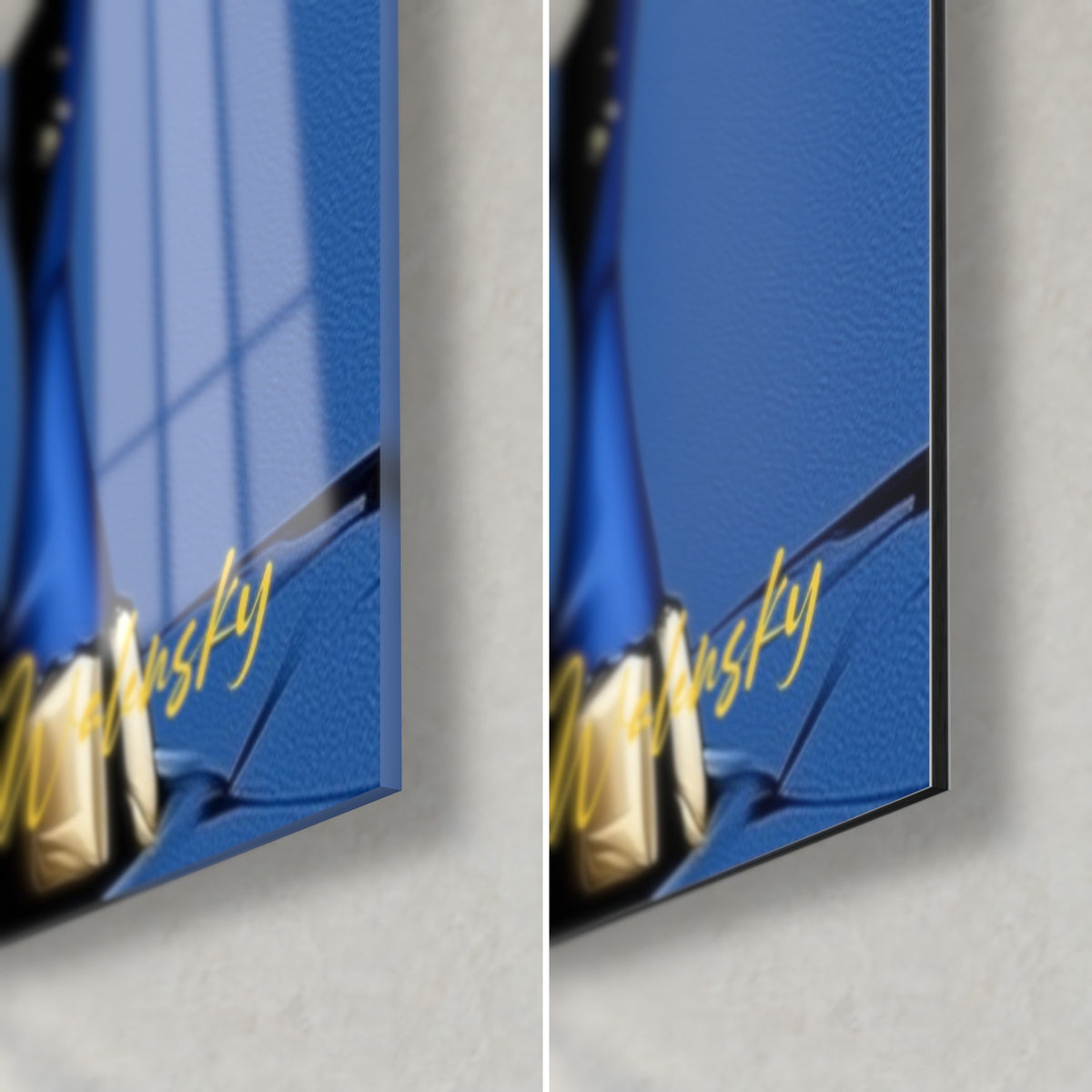 Schilderij van een blauwe en rode stier, rechtsonder: glanzend acrylglas links, mat zwart Dibond rechts, rand van 3 mm