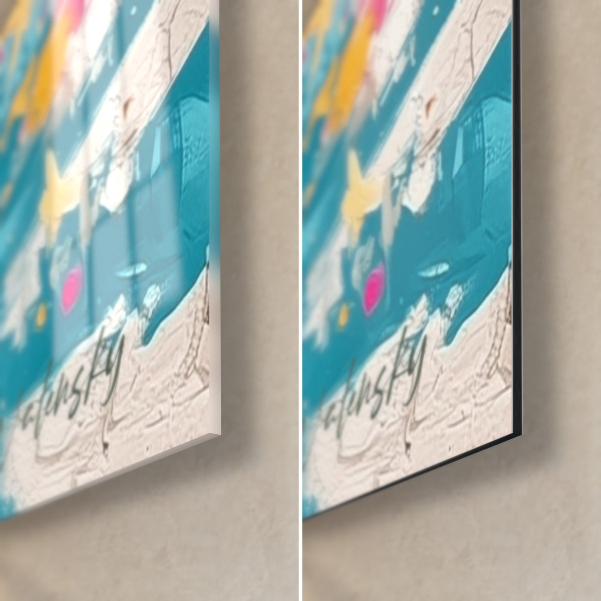 Wall art of a pop art buffalo, bottom right corner: glossy acrylic glass on the left, matte Dibond on the right, turquoise, white and yellow splashes, 3 mm edge