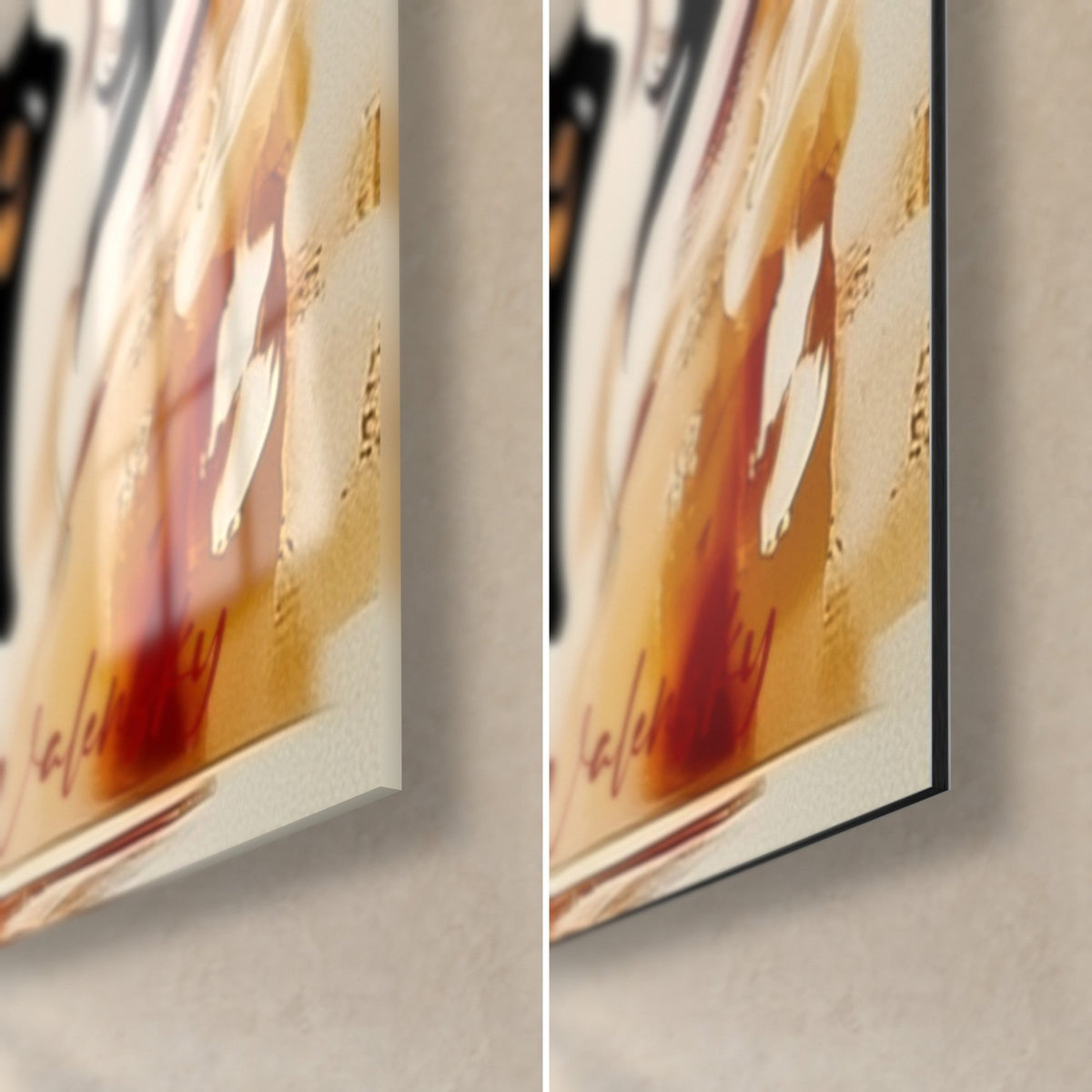 Quadro di una bestia nera con spirali ocra e rosse, angolo in basso a destra: vetro acrilico lucido a sinistra, Dibond nero opaco a destra