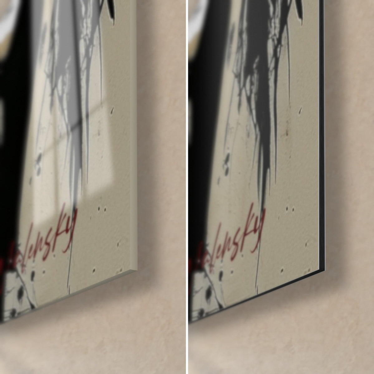 Wall art black bull, bottom right corner in glossy glass and matte beige Dibond, red signature, 3 mm edge visible