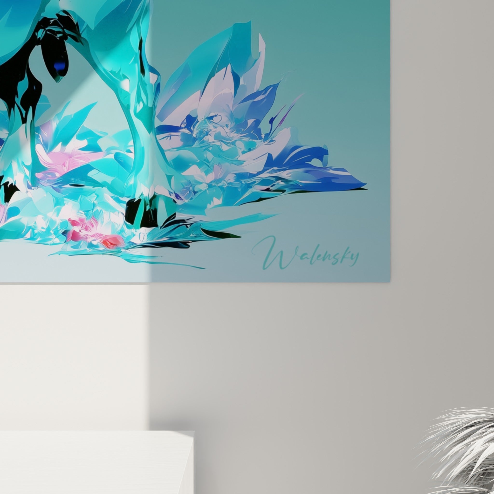 Facettes de cristal turquoise et touches roses fuchsia se rejoignent sur le pelage texturé du taureau, effet de verre taillé