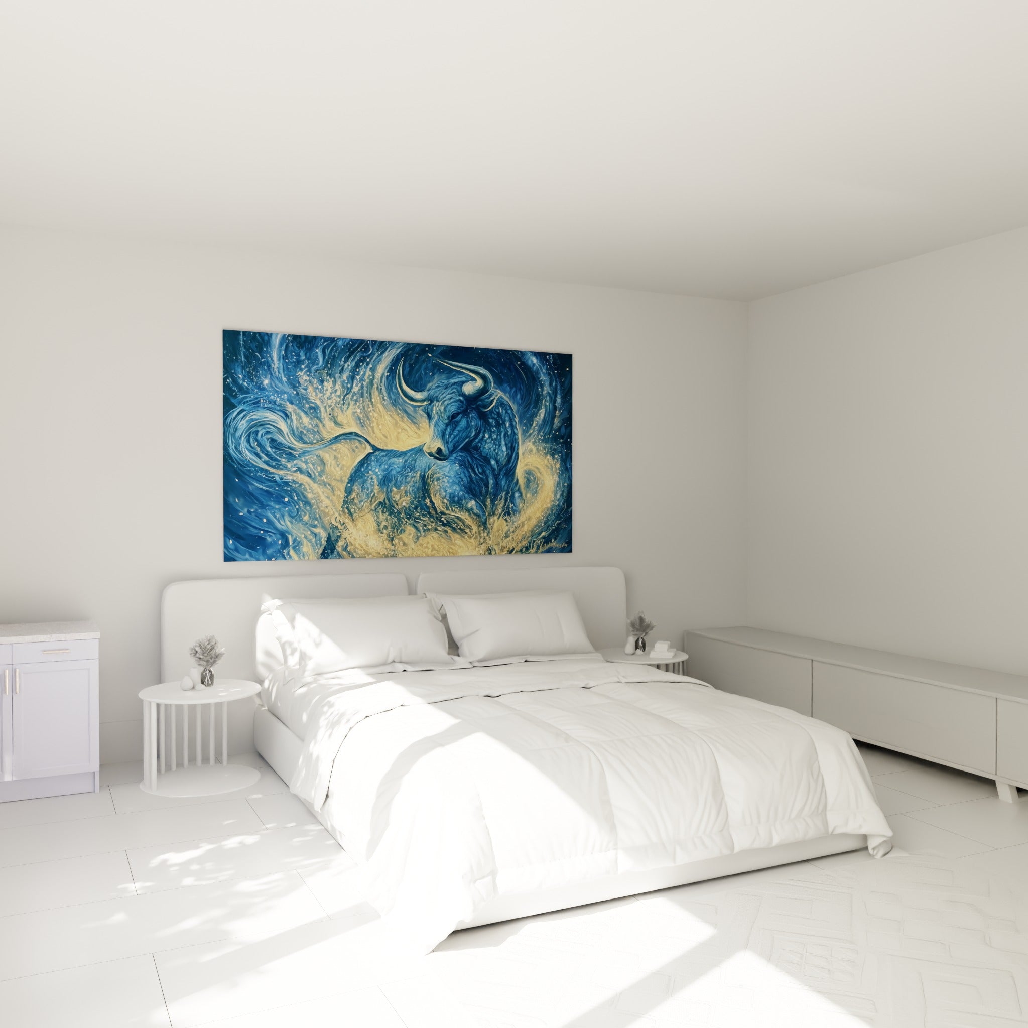 Cornes recourbées et pelage bleu nuit du taureau doré, au-dessus d'un lit dans une chambre claire