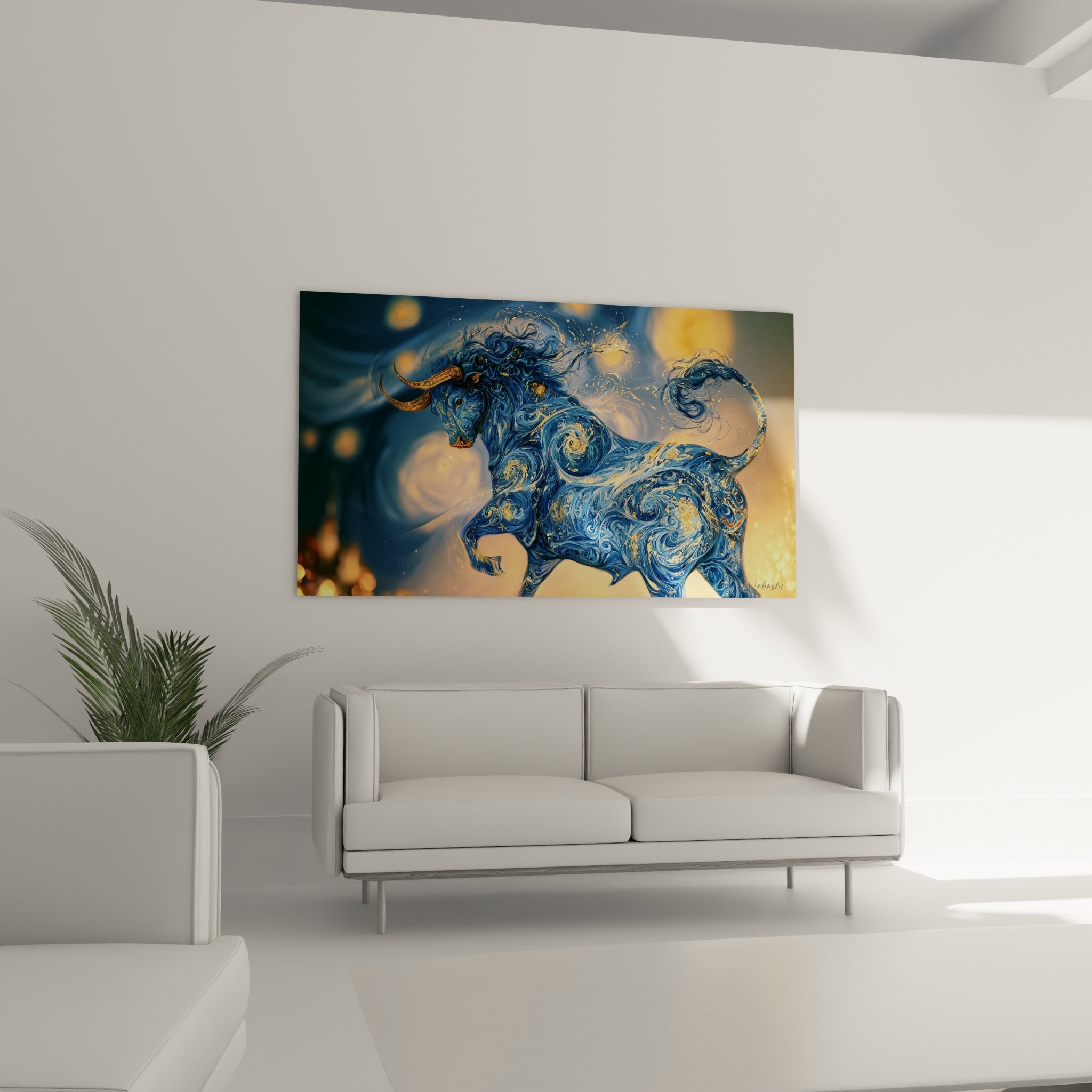 Créature bleu nuit à cornes dorées accrochée au-dessus d'un canapé dans un salon lumineux