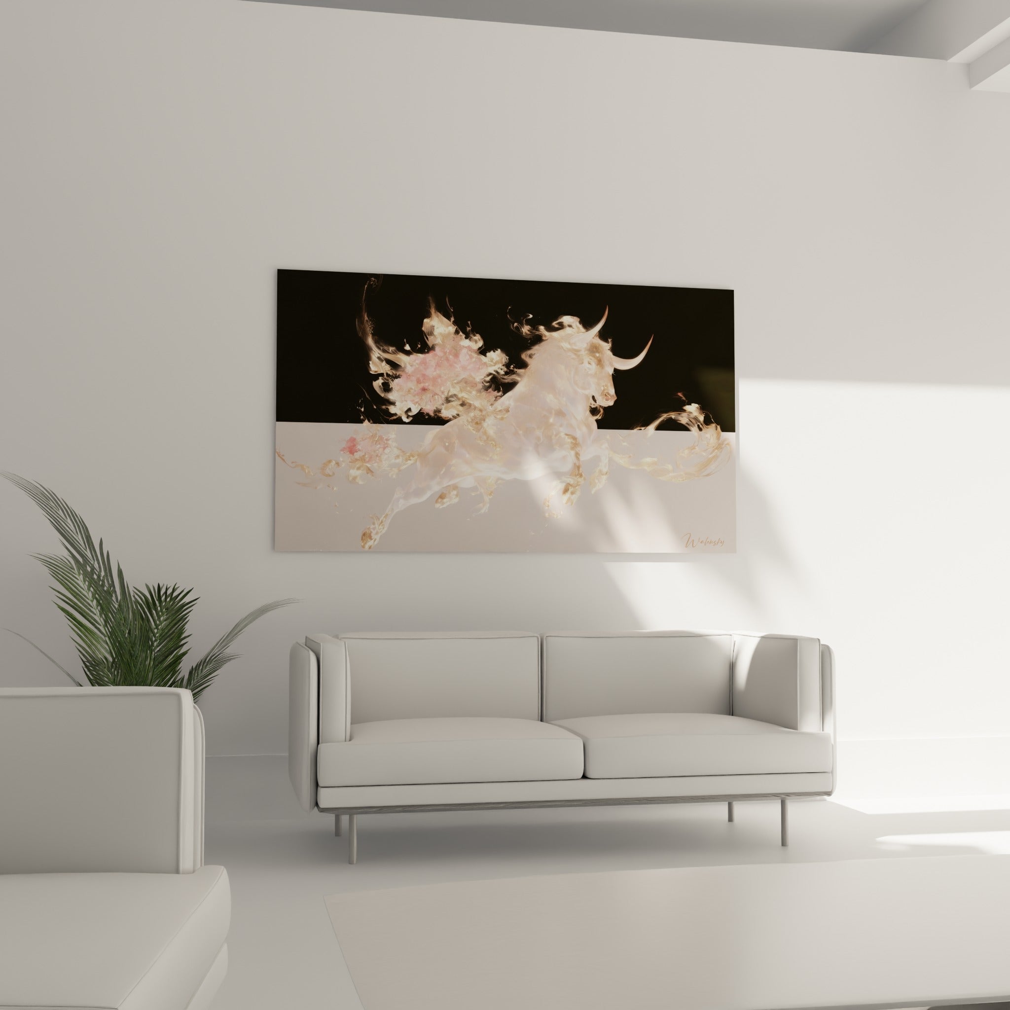 Créature fumée blanche et dorée du Taureau accrochée au-dessus d'un canapé dans un salon lumineux