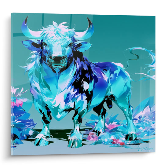 Taureau turquoise et bleu nuit, cornes recourbées, entouré de fleurs roses, style cristallin