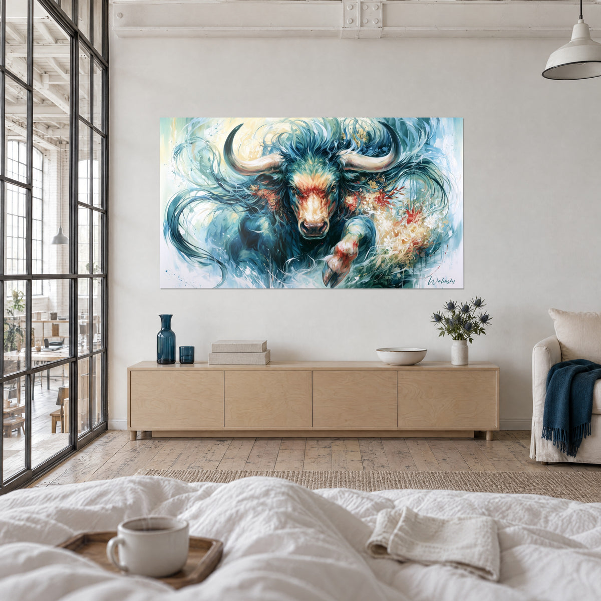 Tableau bête cornue aux yeux ambrés, crinière bleu pétrole et pétales dorés, au-dessus d'un lit dans une chambre claire
