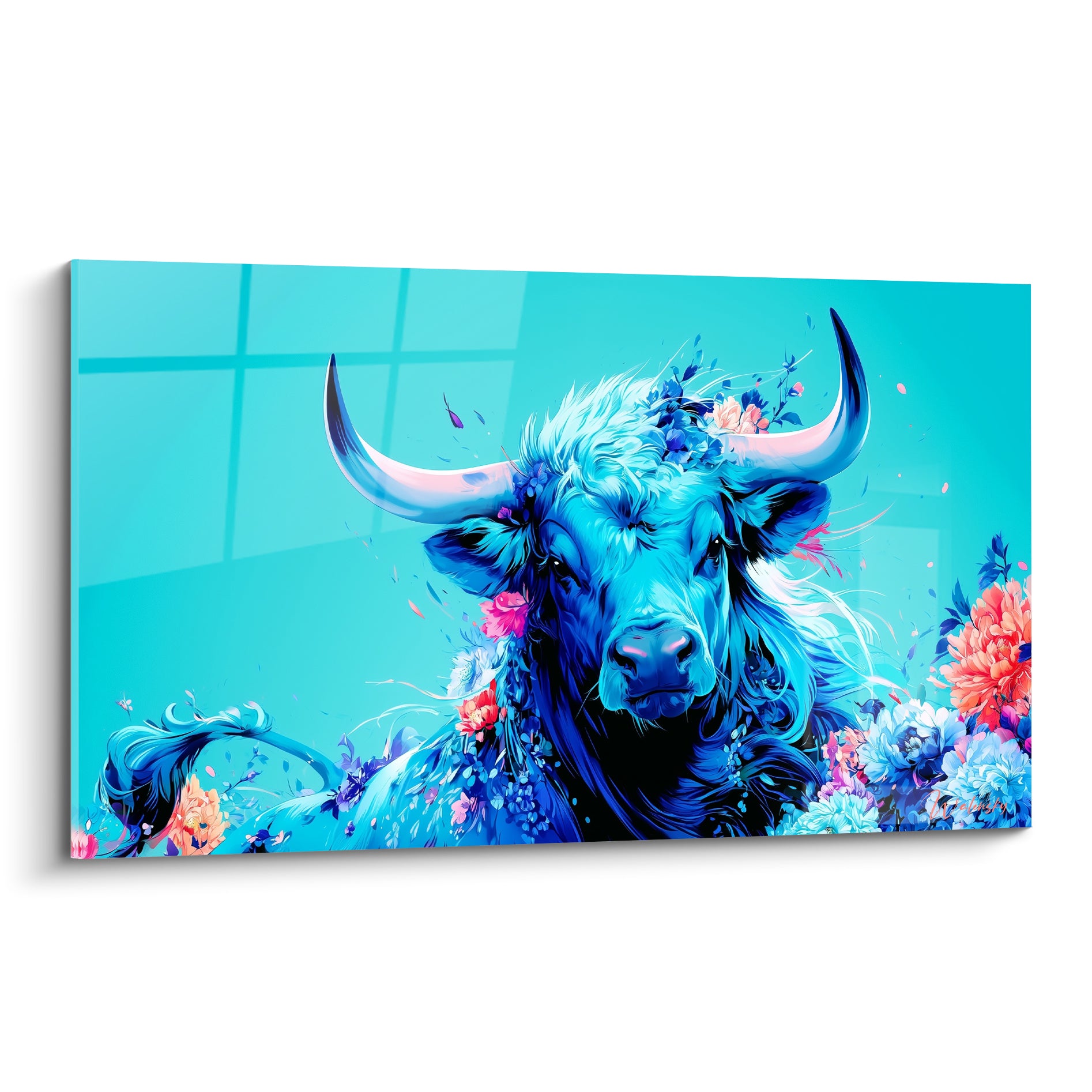 Taureau turquoise à cornes blanches orné de fleurs corail et roses sur fond bleu ciel