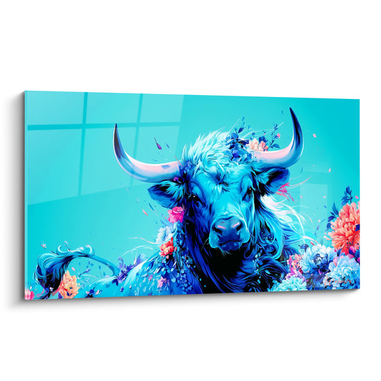 Taureau turquoise à cornes blanches orné de fleurs corail et roses sur fond bleu ciel