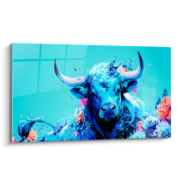 Tableau Taureau turquoise aux cornes fleuries - Douceur sauvage - Edition Taureau