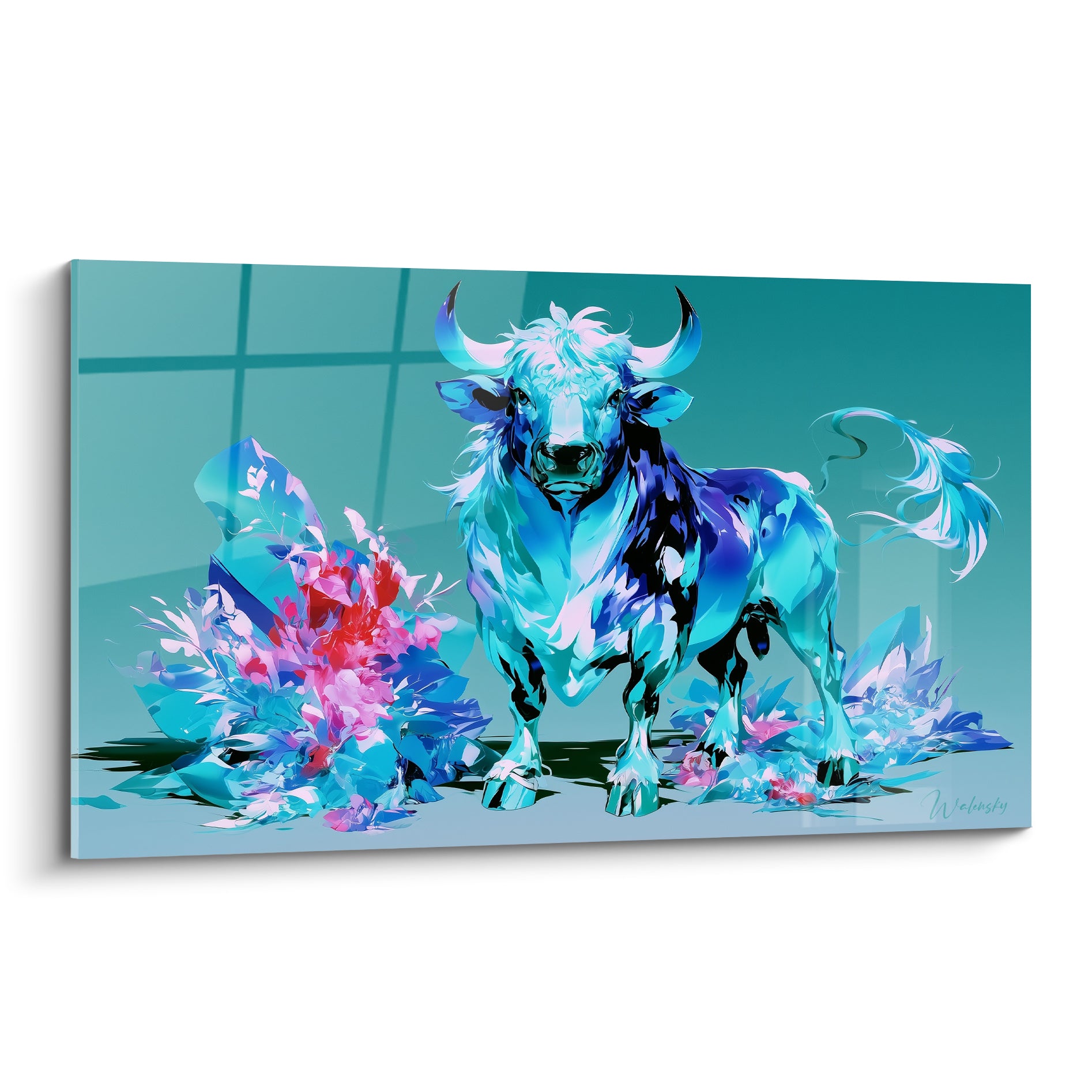 Taureau turquoise et bleu marine aux cornes déployées, corps facetté façon cristal, fond sarcelle dégradé