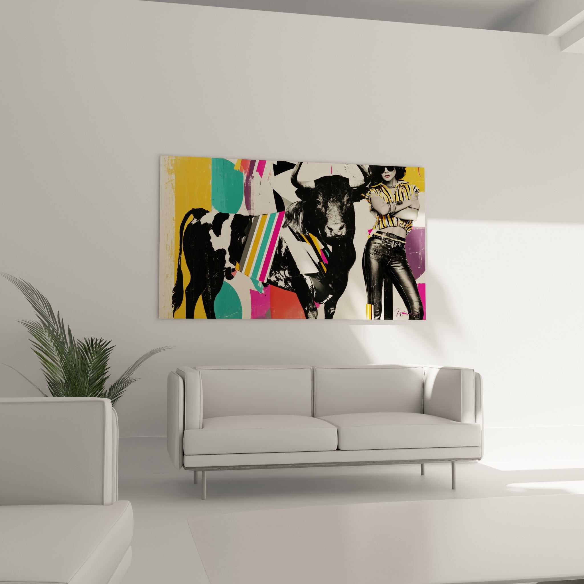 Collage taureau noir et rose fuchsia, figure féminine dorée, disposé au-dessus d'un canapé dans un salon lumineux