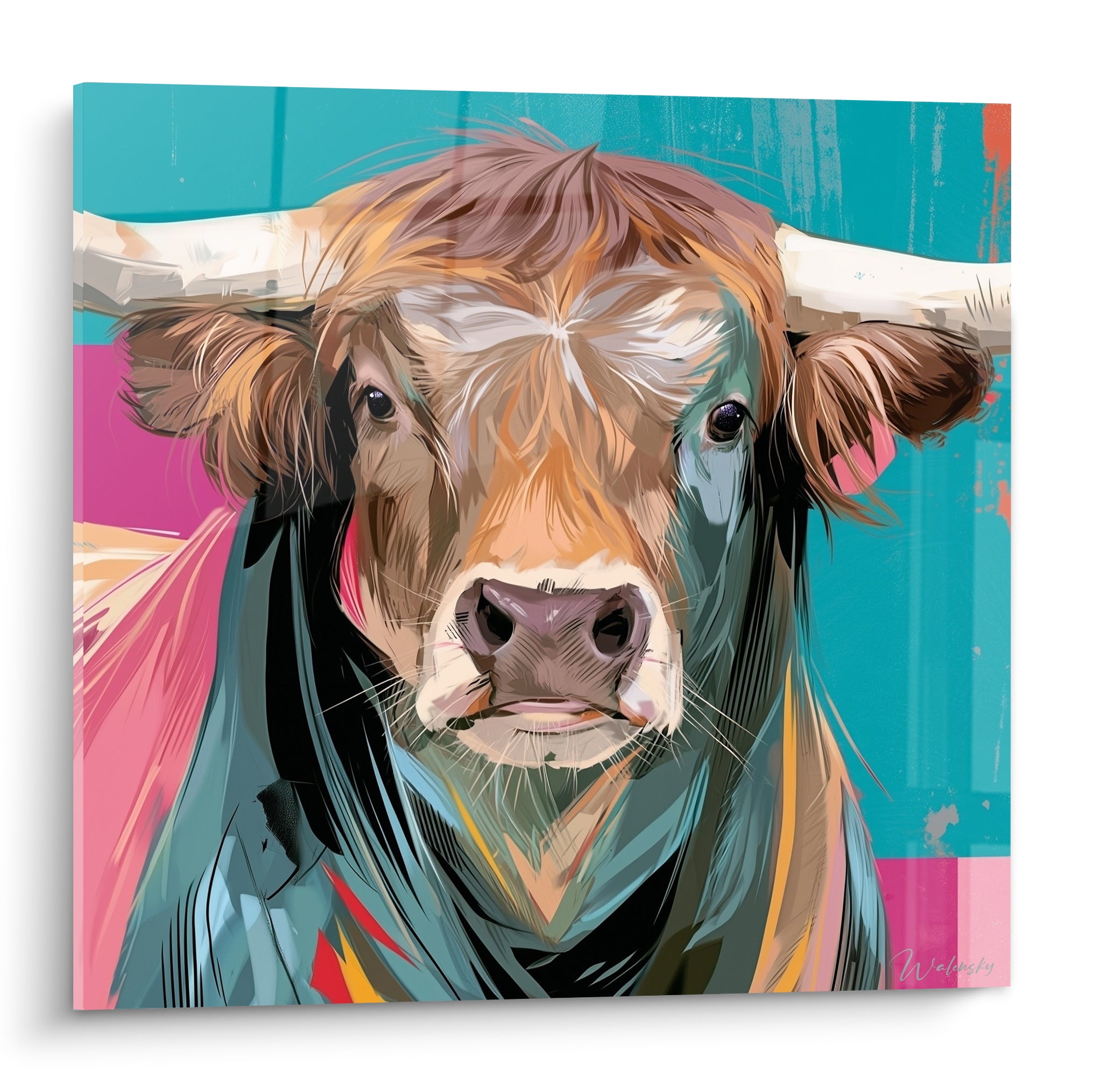Taureau au regard intense, pelage fauve et cornes claires sur fond turquoise et rose vif