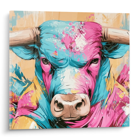 Taureau turquoise et rose fuchsia aux cornes claires peint dans un style pop expressif