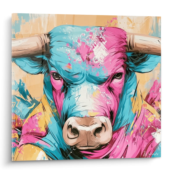 Tableau Longhorn rose et turquoise au museau ivoire - Fond ocre balayé - Edition Taureau