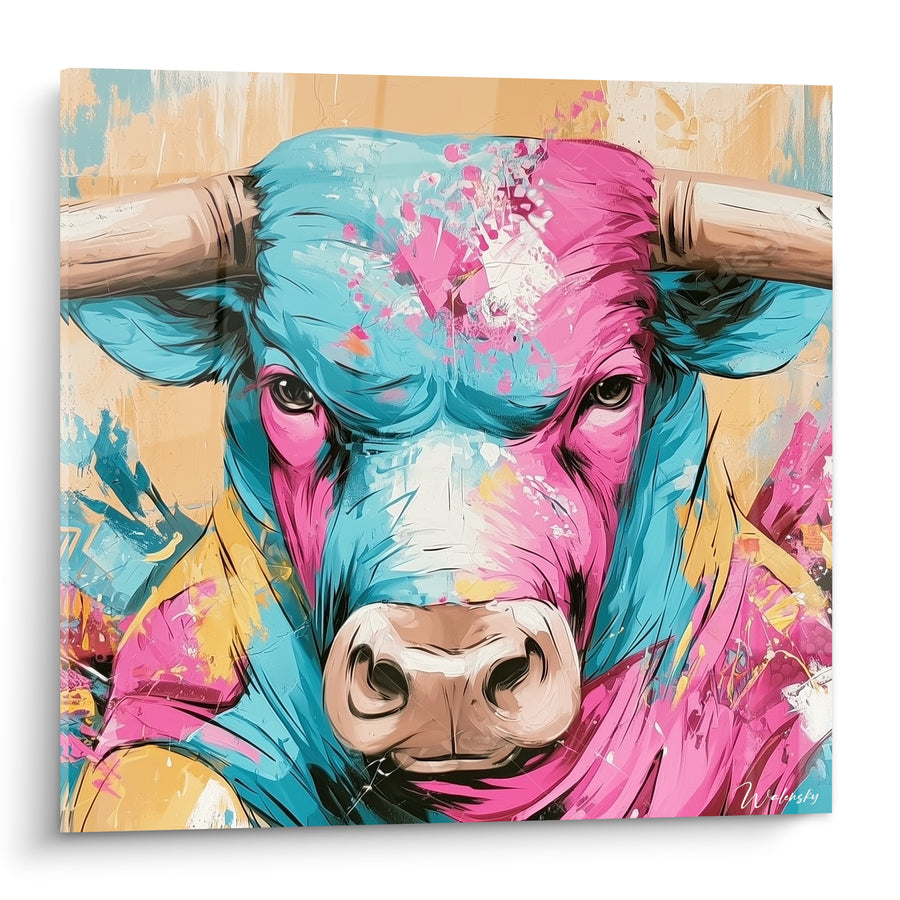 Tableau Longhorn rose et turquoise au museau ivoire - Fond ocre balayé - Edition Taureau