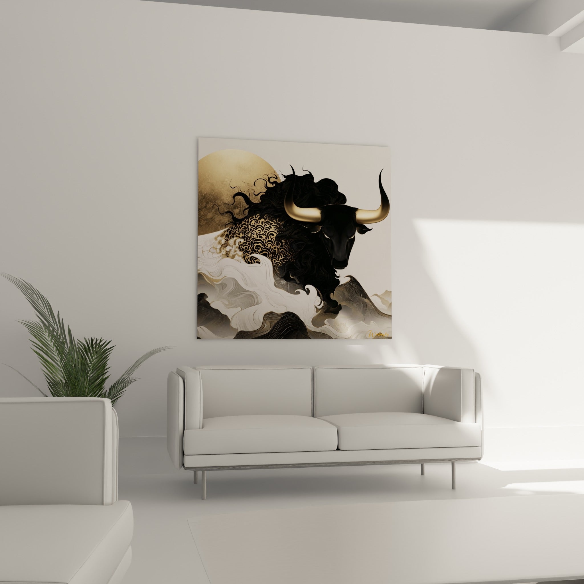 Silhouette du Taureau noir et doré traversant des vagues blanches, au-dessus d'un canapé dans un salon lumineux