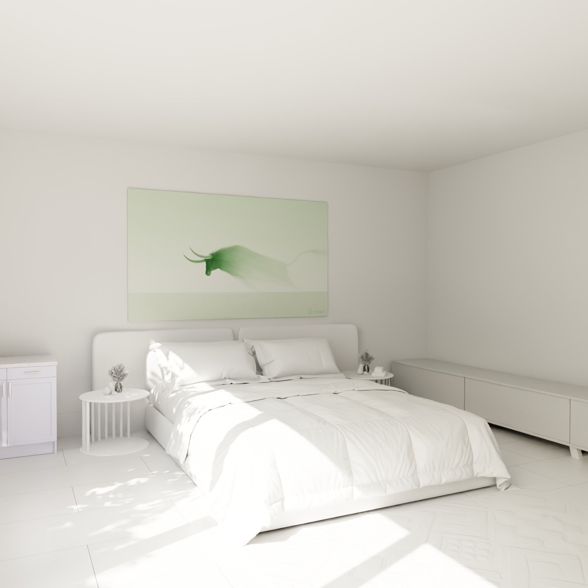 Silhouette de taureau vert sauge et blanc laiteux au-dessus d'un lit dans une chambre claire