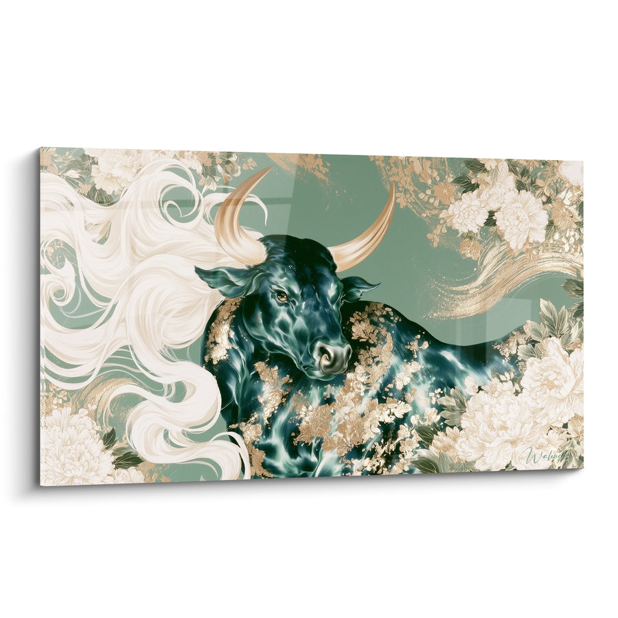 Tableau Taureau vert sombre et doré aux pivoines blanches - Crinière tourbillonnante ivoire - Edition Taureau