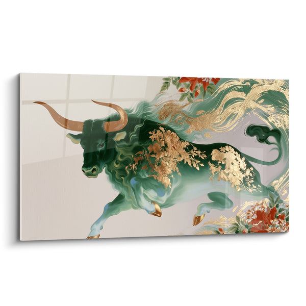 Tableau Taureau vert émeraude aux fleurs dorées - Élan floral - Edition Taureau
