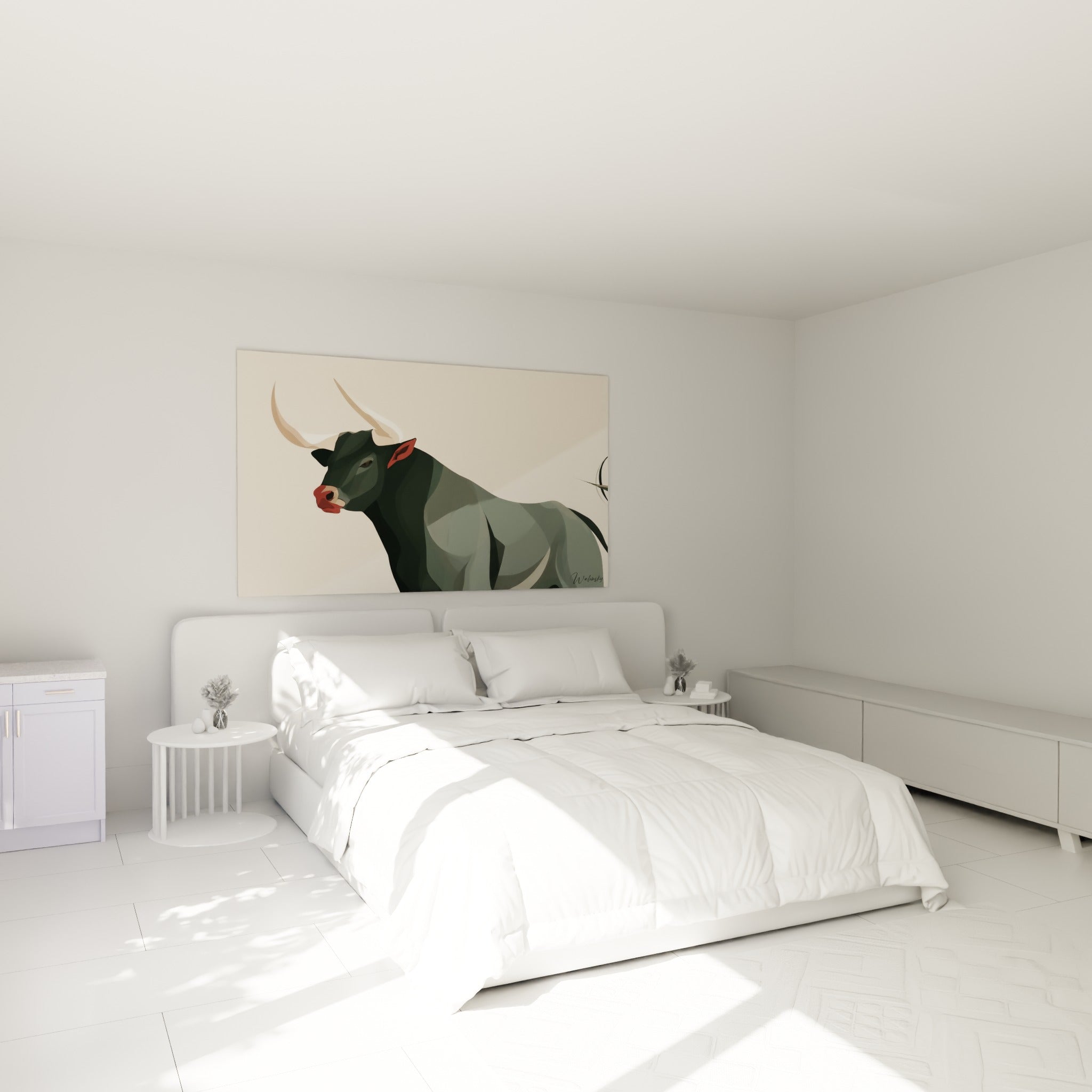 Silhouette de taureau vert sombre et rouge corail au-dessus d'un lit dans une chambre claire