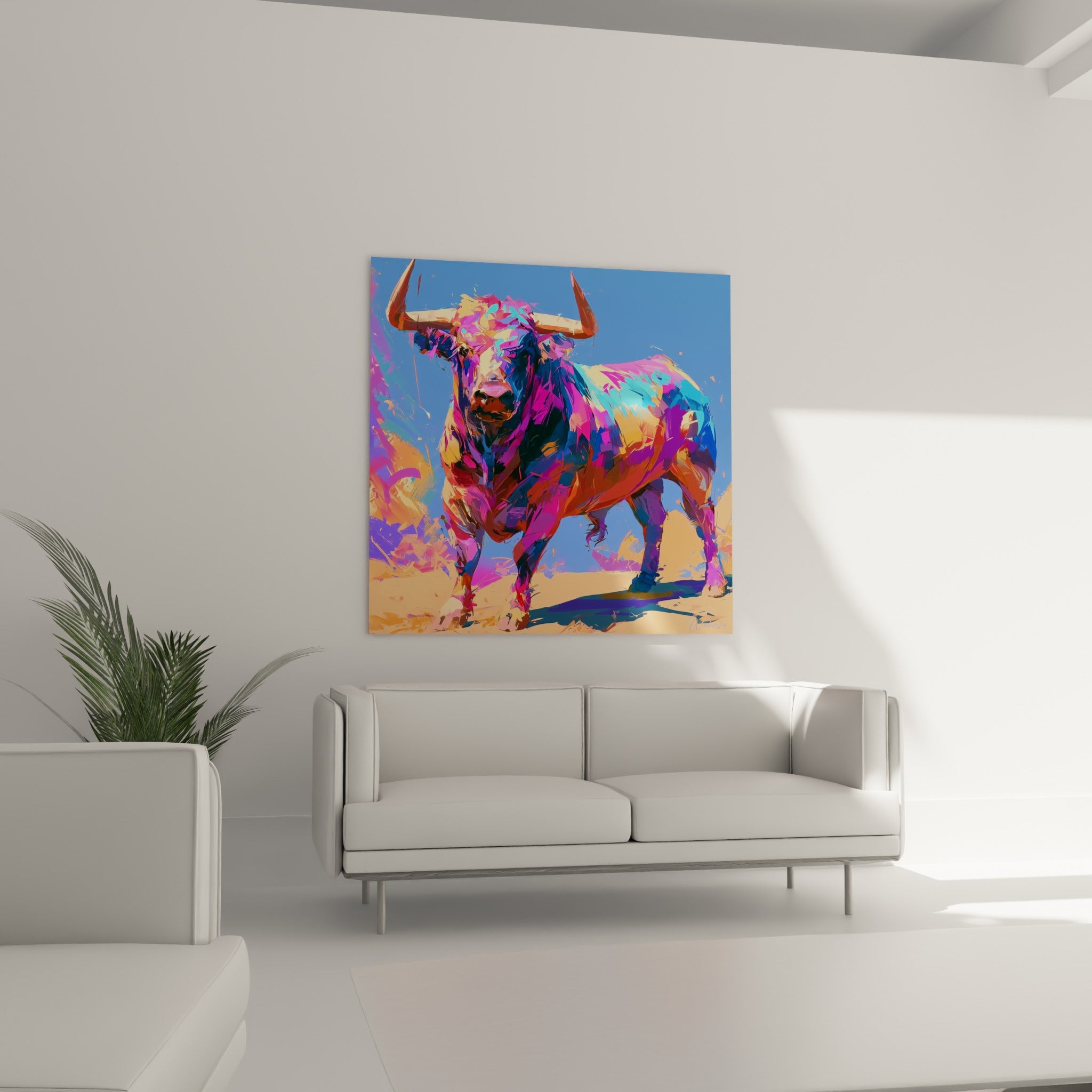Regard frontal du taureau, touches violettes et bleu ciel au-dessus d'un canapé dans un salon lumineux