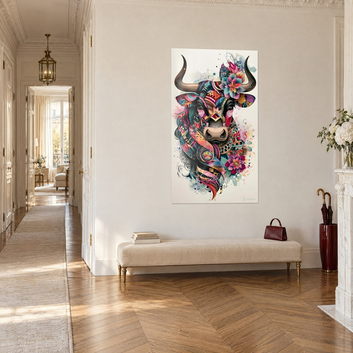 Cuadro de un bovino ornamental con hocico topo y motivos étnicos en rosa, amarillo y negro, visto de tres cuartos, al fondo de un pasillo haussmanniano con suelo de parquet