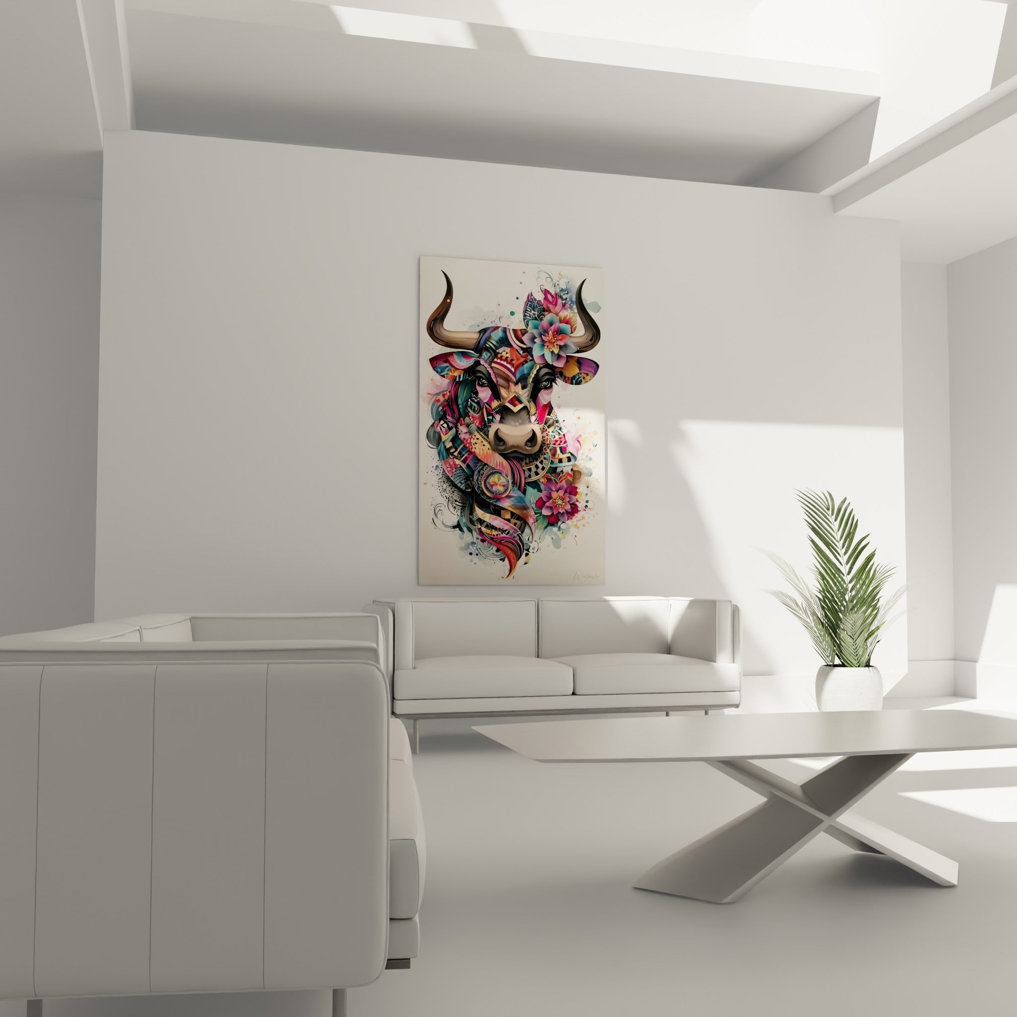 Cornes brunes et fleurs turquoise composent ce visage de taureau, accroché au-dessus d'un canapé dans un salon lumineux