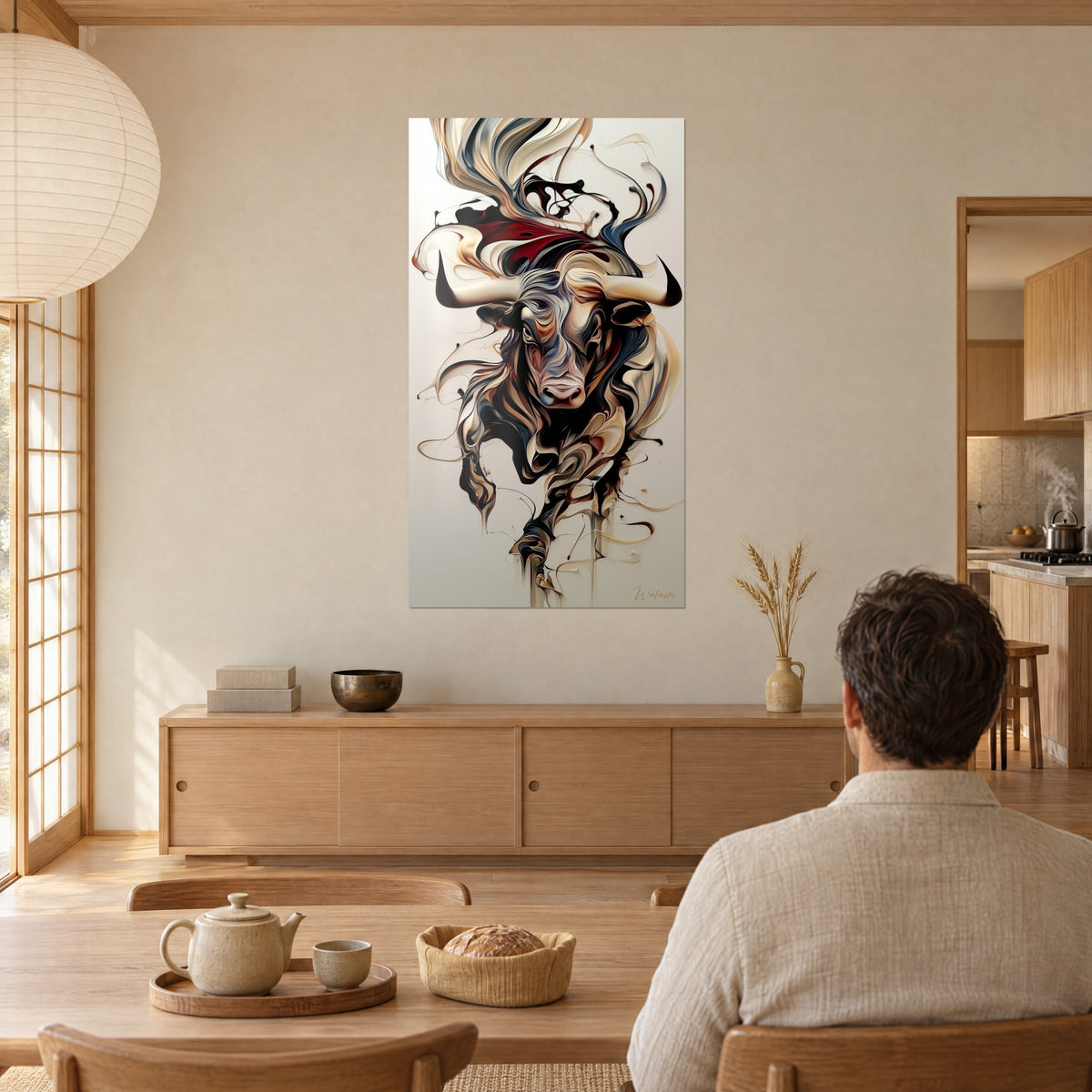 Quadro bestia massiccia dalle corna ricurve, schizzi marroni e beige su fondo avorio, di fronte a una coppia seduta a tavola in sala da pranzo
